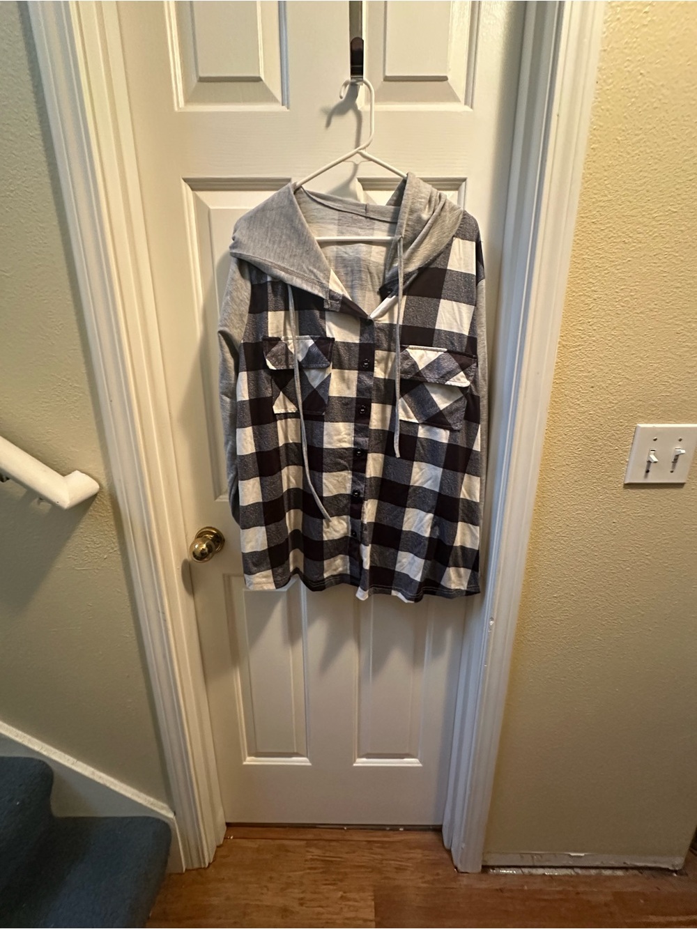 Black and White Buffalo Plaid Hooded Button-Up Shirt Jacket